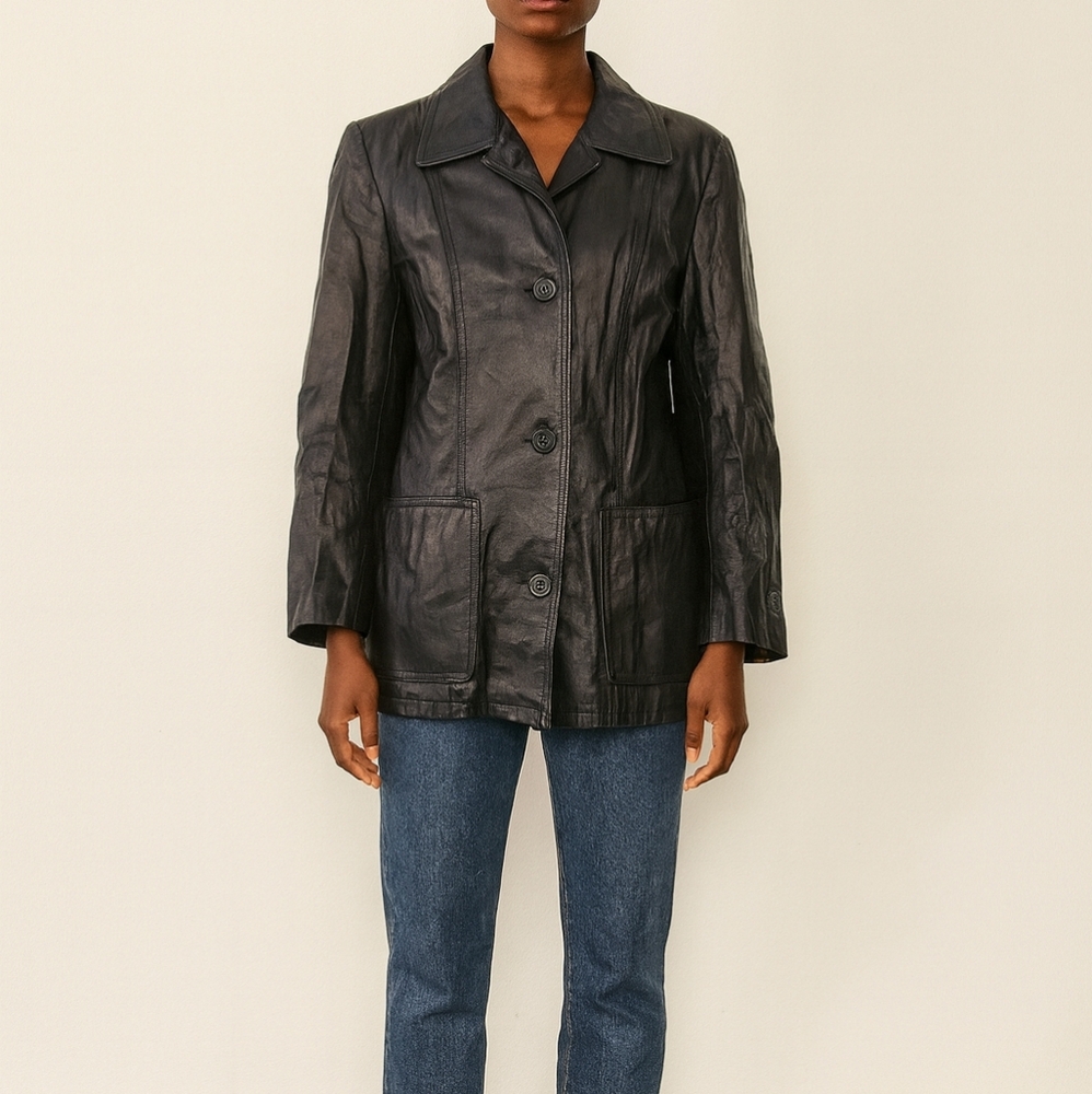 Vintage Dark Blue Leather Jacket Blazer Style, Classic 90s Minimalist Outerwear